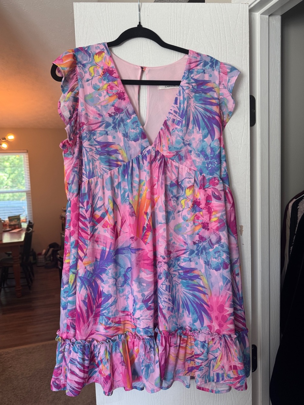 Caramel Pink Tropical Floral V-Neck Ruffle-Hem Dress